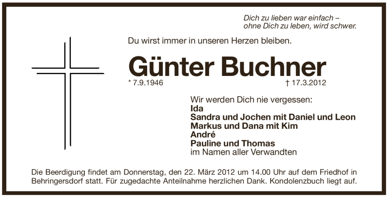  Traueranzeige für Günter Buchner vom 20.03.2012 aus Pegnitz-Zeitung